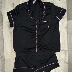 Victoria's Secret Black Satin Pajama Set with Pink Trim size L
